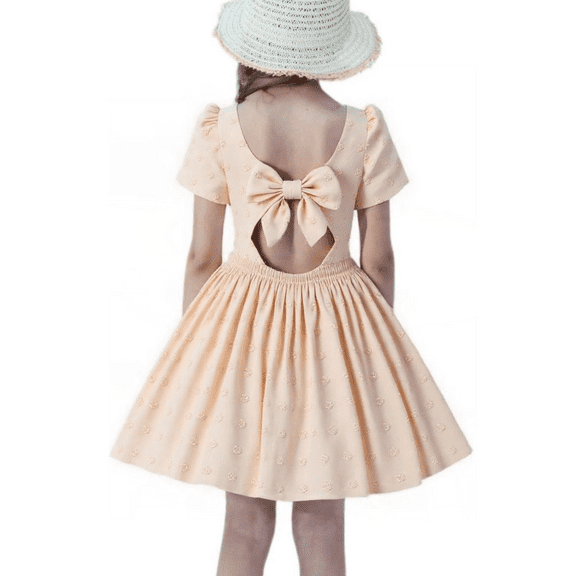 HILEELANG Tween Girl Dress Short Sleeve Summer Cream Casual Tie Back Princess Elegant Party Dress 11-12T