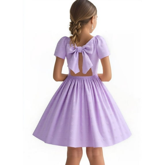 HILEELANG Tween Girl Dress Short Sleeve Summer Lavender Casual Tie Back Princess Elegant Party Dress 11-12T