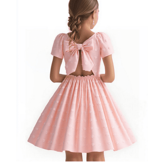HILEELANG Tween Girl Dress Short Sleeve Summer Light Pink Casual Tie Back Princess Elegant Party Dress 9-10T