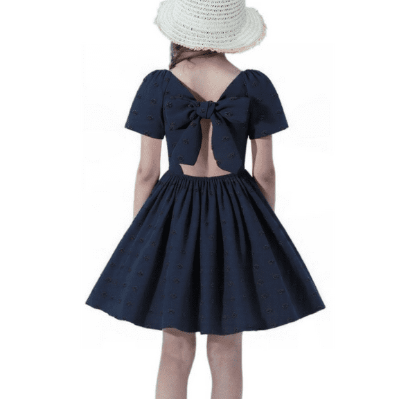 HILEELANG Tween Girl Dress Short Sleeve Summer Navy Casual Tie Back Princess Elegant Party Dress 11-12T