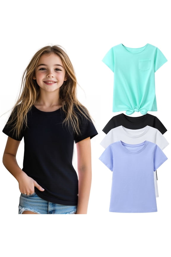 4-PC Big Girls 5-16Y Black Light Blue White Mint Cotton Short Sleeve Crewneck T Shirt Tee Size 13-14Y