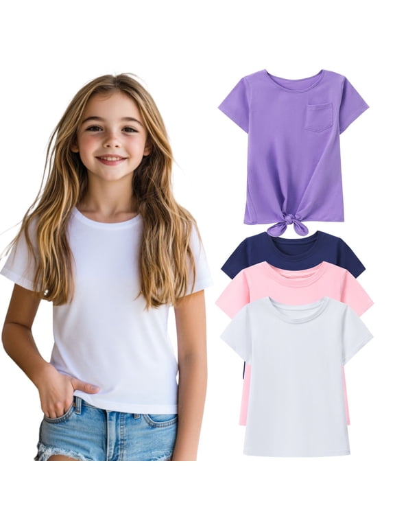 4-PC Big Girls 5-16Y Navy White Pink Purple Cotton Short Sleeve Crewneck T Shirt Tee Size 12-13Y