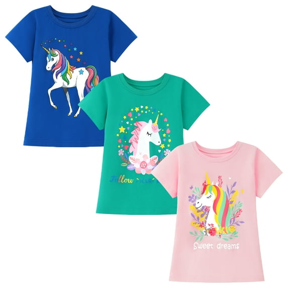 HILEELANG Tween Girls' Short Sleeve Cotton T-Shirts, Unicorn Design, 3-Pack, Pink/Navy/Green, Size 10