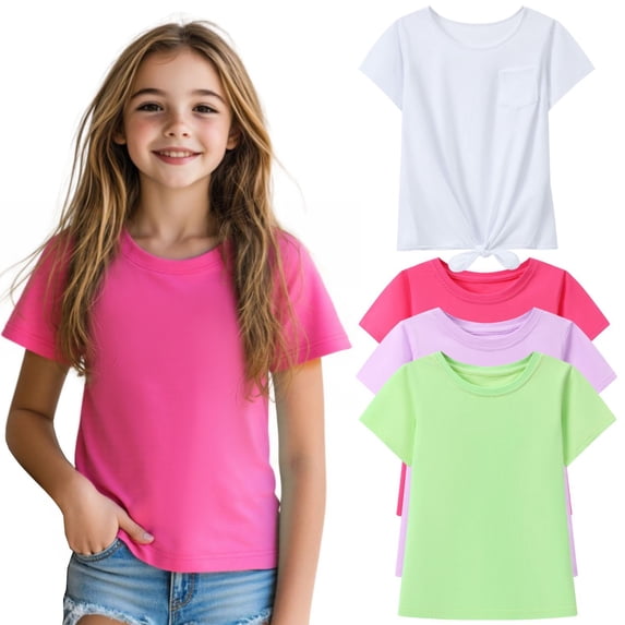 HILEELANG 4-PC Big Girls 5-16Y Hot Pink Lavender Light Green White Cotton Short Sleeve Crewneck T Shirt Tee Size 14-15Y
