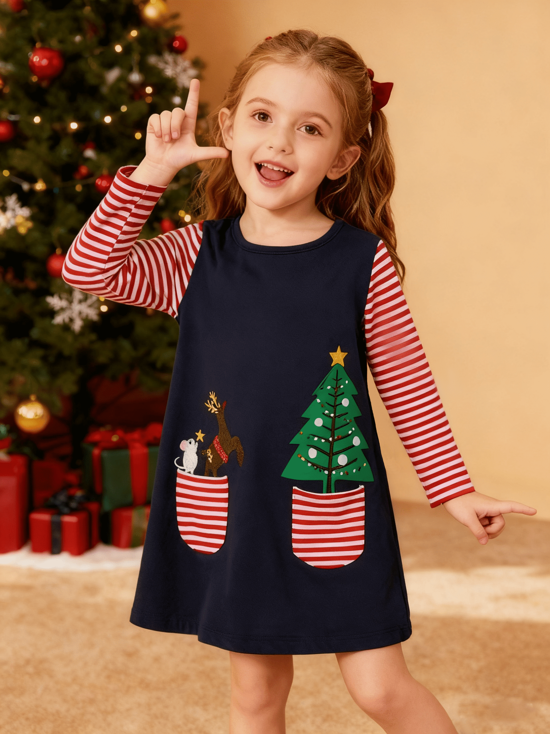 HILEELANG Young Girl Christmas Dress Navy Blue Deer Elk Santa Christmas  Tree Applique Long Sleeve Cotton Holiday Dresses Size 8 - Walmart.com