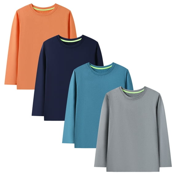 HILEELANG Youth Girls and Boys' Dry-Fit Moisture Wicking Active Athletic Performance Grey Navy Orange Long-Sleeve Tops T-Shirt 4 Packs Size 15