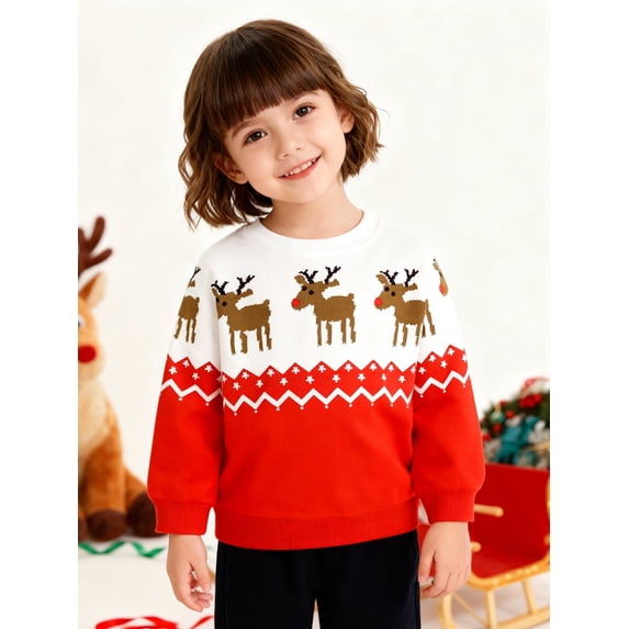 HILEELANG little Boy(2-7Y) Sweatshirts Christmas Red Graphic Elk Pullover Cotton Crewneck Clothes 8T