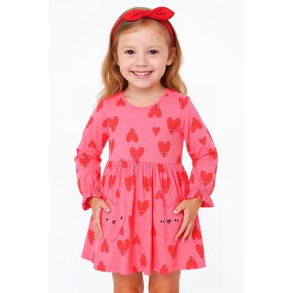 HILEELANG little Girls Cotton Dress 2-7T, 100% Soft Cotton, Long Sleeve Cute Heart Print Casual Princess Outfit 6T