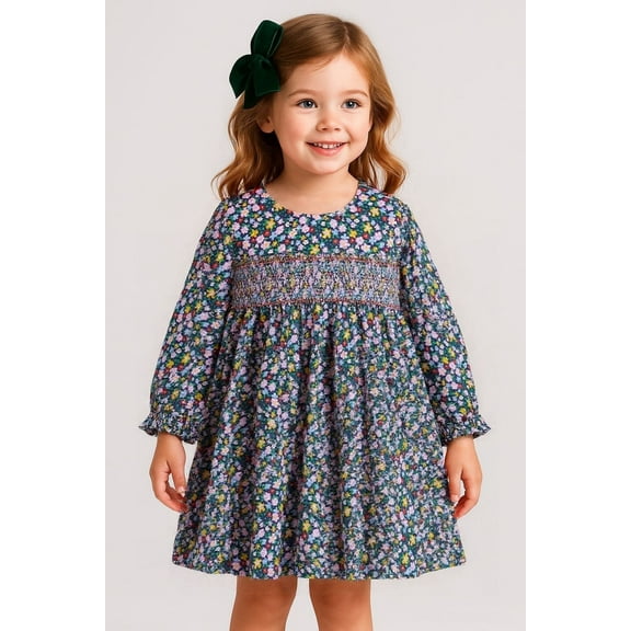 HILEELANG little Girls Cotton Dress 2-7T, 100% Soft Cotton, Long Sleeve Floral Print Smocked Dress for Everyday Wear 7t
