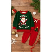 HILEELANG Little Boy Christmas Pullover and Sweatpants Set ,2 Piece Cotton with Santa Claus and Christmas Tree Applique, Green Fall Winter Clothes for Kids 6Years