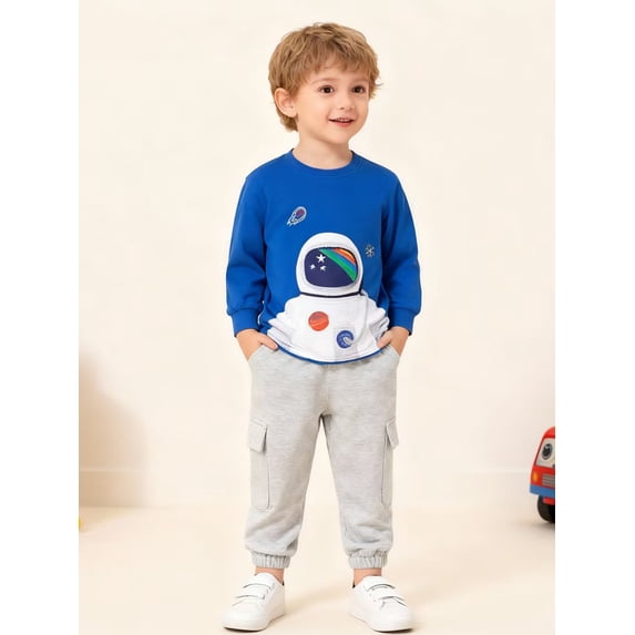 HILEELANG little Boys(2-7Y) Blue Astronaut Sweatshirt and Grey Pants Set, 2 Piece Long Sleeve Outfit for Kids, Cotton Fall Winter Clothes 7T