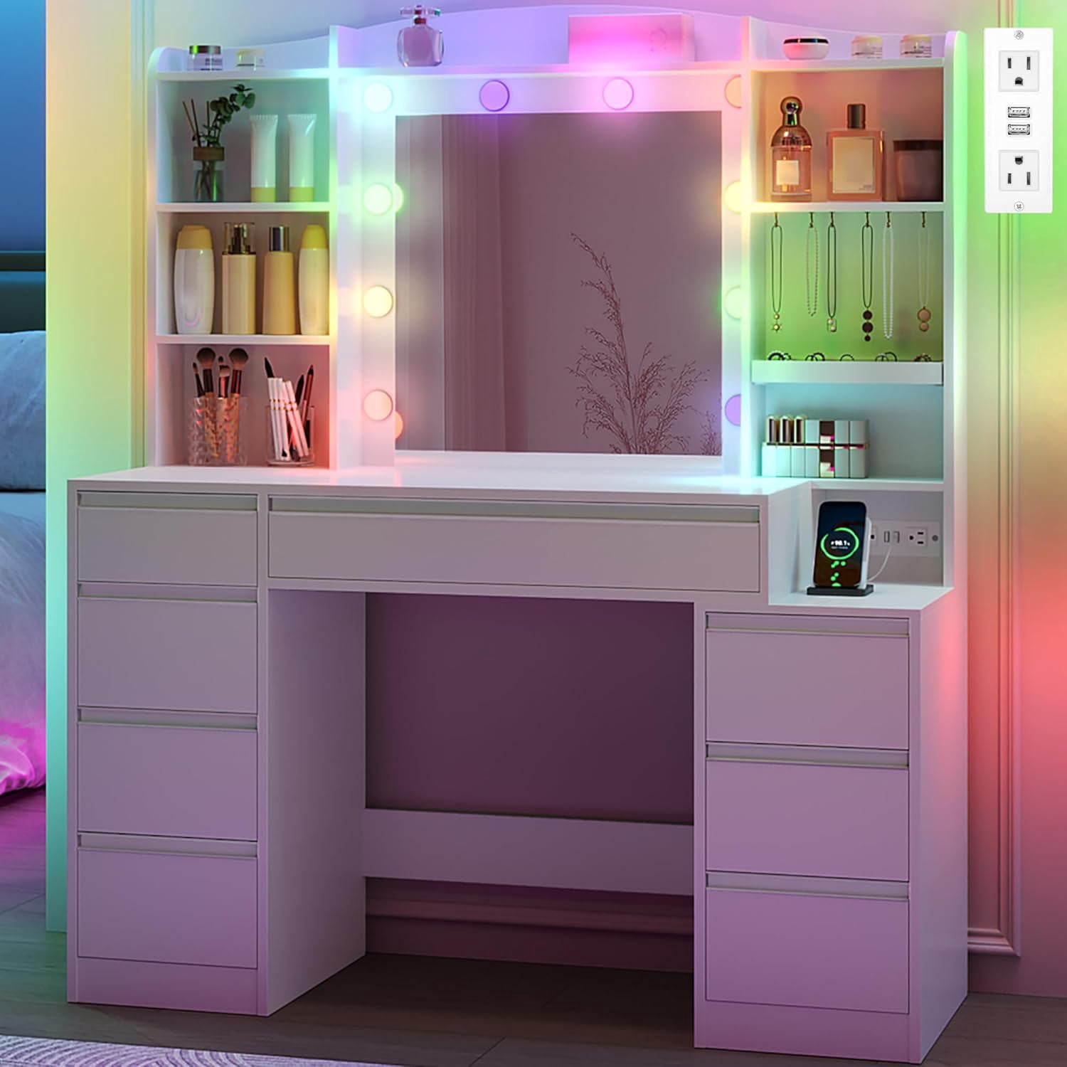 Vanity Desktop HILINSIE Vanity Desk with Mirror, Makeup Vanity with RGB Led Lights ...