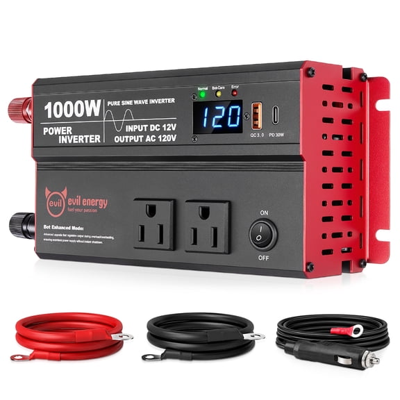 EVIL ENERGY 1000W Pure Sine Wave Power Inverter 12V DC to 120V AC Car Inverter Converter, Portable with AC Outlets for RV Truck Camping Solar Off-Grid Emergency