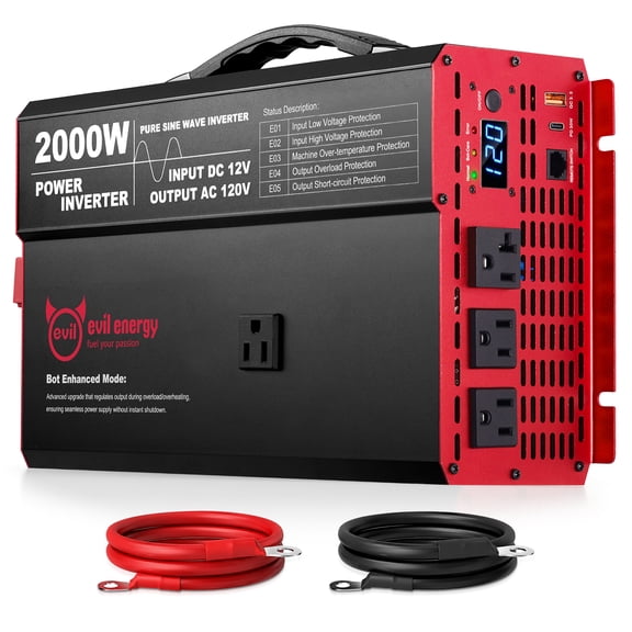 EVIL ENERGY 2000W Pure Sine Wave Power Inverter 12V DC to 120V AC Car Inverter Converter, Portable with AC Outlets for RV Truck Camping Solar Off-Grid Emergency