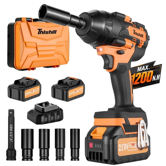 THIS HILL Cordless Impact Wrench, 885 Ft-lbs (1200 Nm) Torque, 1/2" Brushless Impact Gun, 21V High Torque Driver w/ 24.0AH Batteries, 4-Speed for Car, Truck, RV & Farm