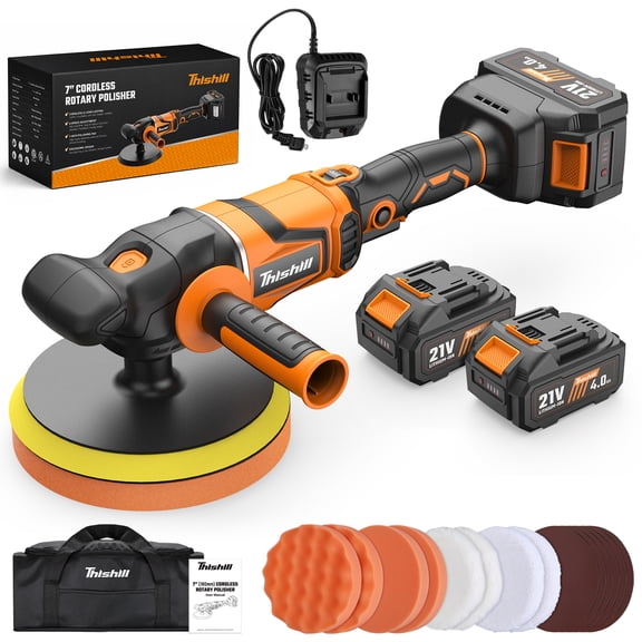 THIS HILL Cordless Car Buffer Polisher, Brushless Motor Auto Buffer with 2*21V 4.0Ah Battery & Fast Charger, 6 Variable Speeds, 7” Pads for Car Wood Detailing Polishing Waxing Scratch Removing