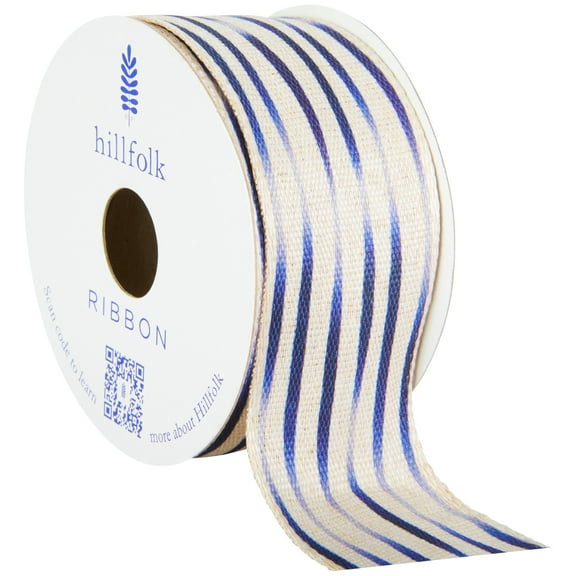 Hillfolk 1.5 faux linen stripes blue 9ft ribbon, for crafts and gifting