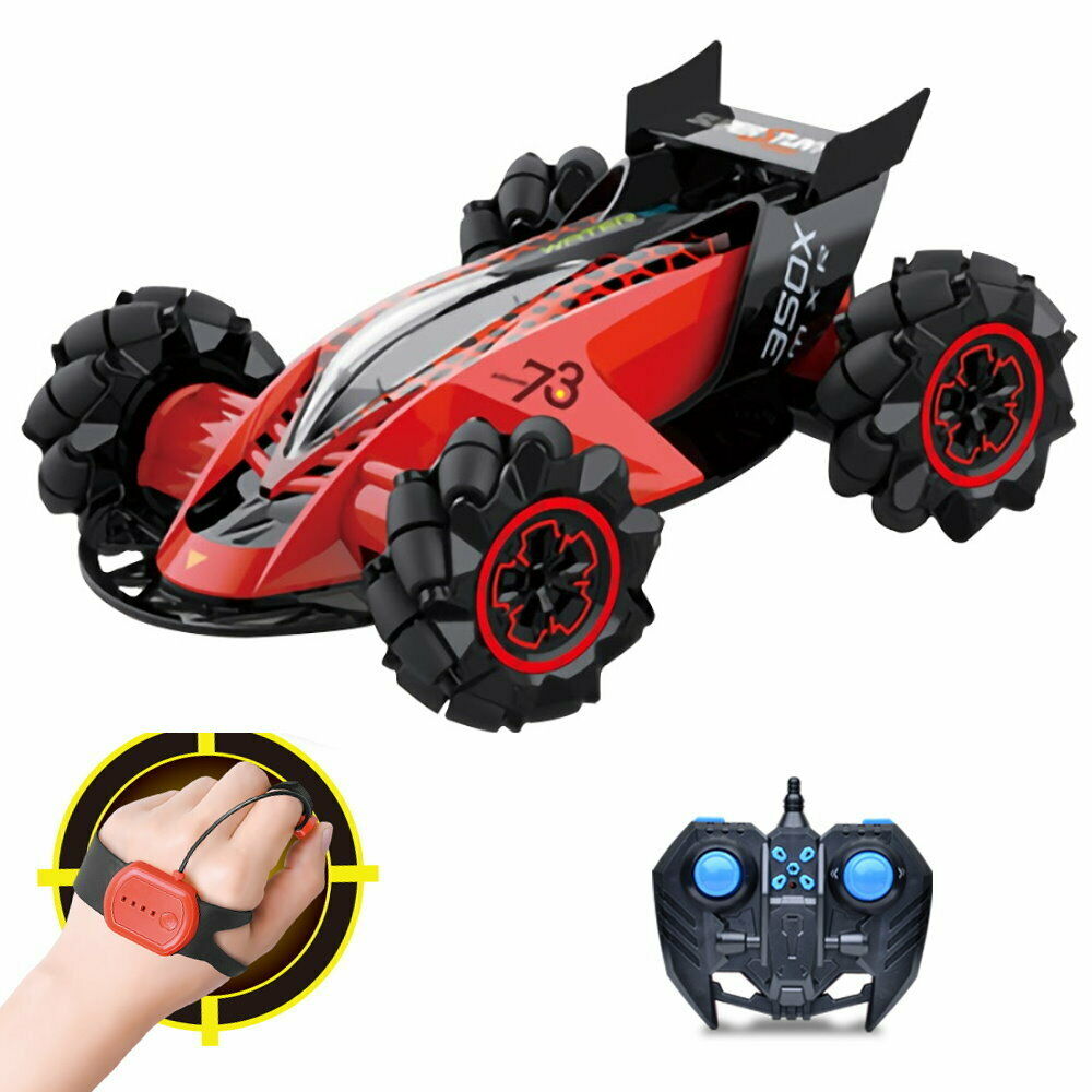 HILLO 2.4G RC Drift Stunt Car 4WD Multi-Direction LED High Speed Off-Road Vehicle With Tail Glowing Water Vapor Jet - Handle Remote Control And Watch Style Gravity Remote Control Included (Red) - image 1 of 10