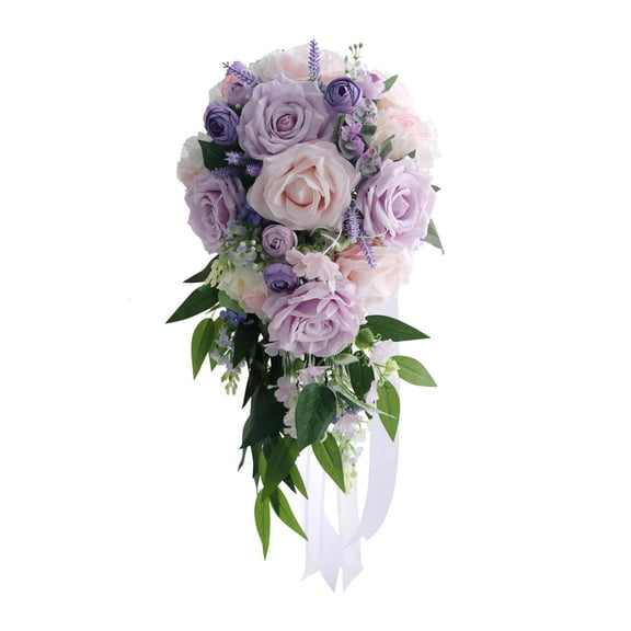 HILOGEL Cascading Wedding Bridal Bouquet Waterfall Artificial Taro Purple Rose Lavender Holding Flower with Long Ribbon Party Church Decoration Photo Props