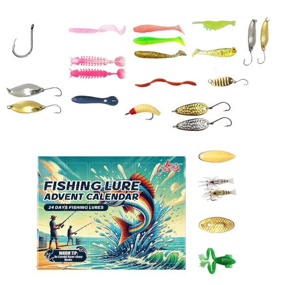 HILOGEL Christmas Countdowns Fishing Tackle Box with 24 Assorted Baits for Celebration
