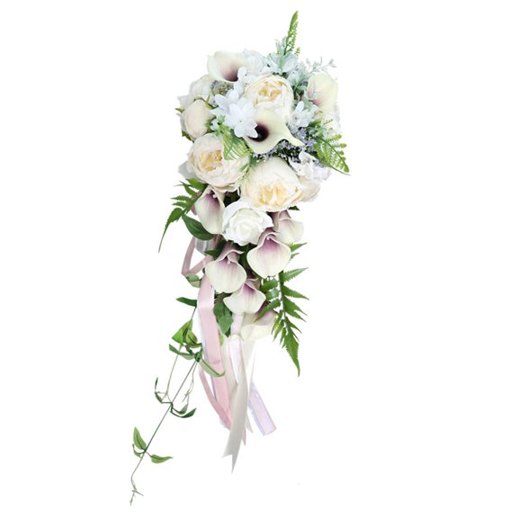 HILOGEL Wedding Bridal Bouquet Artificial Waterfall Callalily Long Ribbon Holding Flower