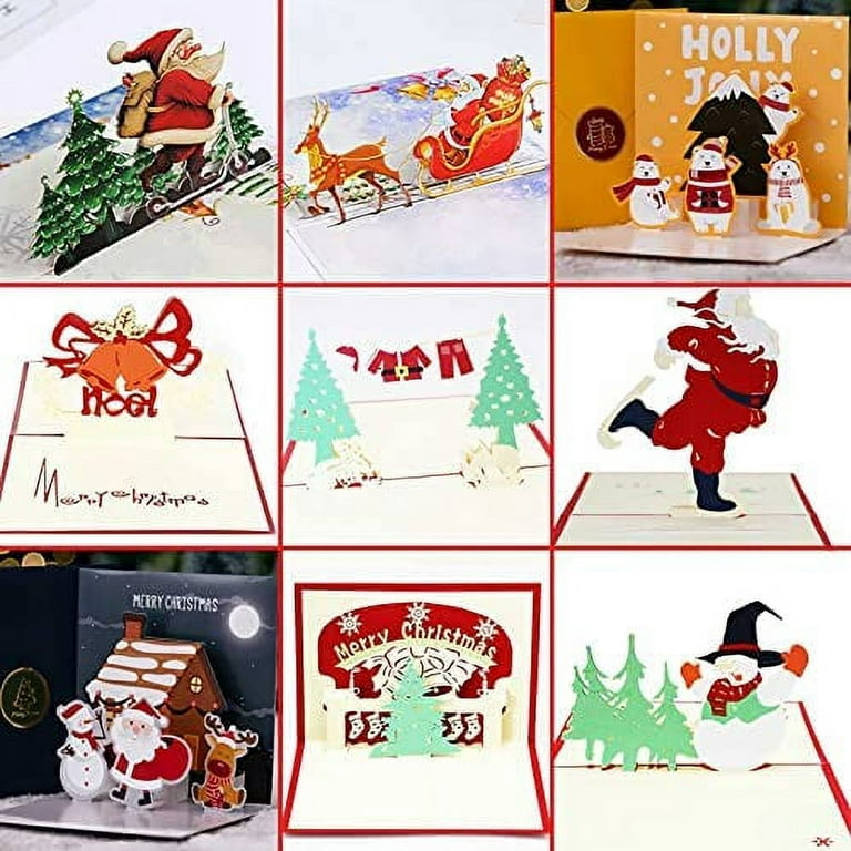 HILUCK 3D Christmas Greeting Cards, 9PCS, Pop Up Handmade Cards with  Envelope Set of 9, For Xmas New Year Winter Holiday- Feature Xmas Tree,  Snowman, Reindeer, Santa and Bell 