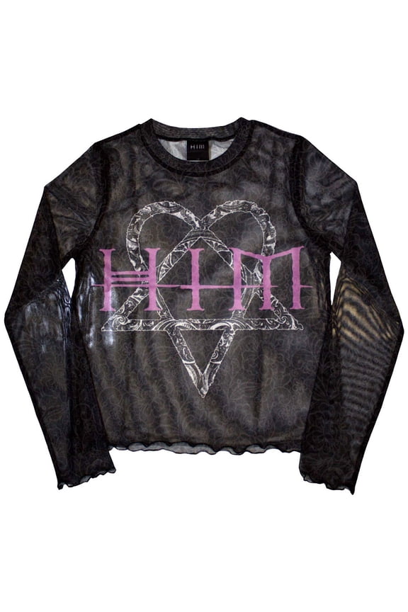 HIM Women's Long Sleeved Crop Top Heartagram & Logo (Mesh)
