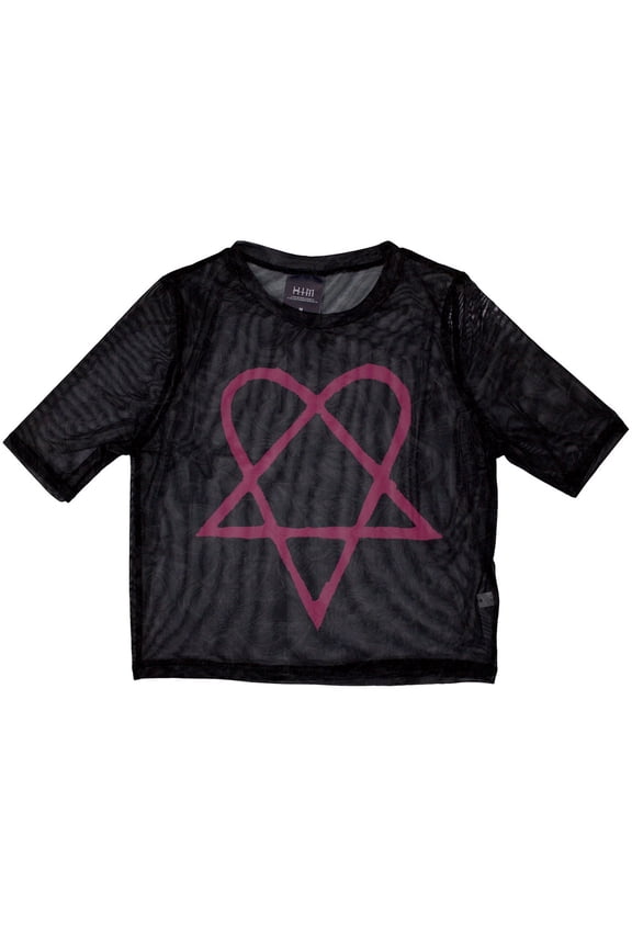 HIM Women's Long Sleeved Crop Top Pink Heartagram (Mesh)
