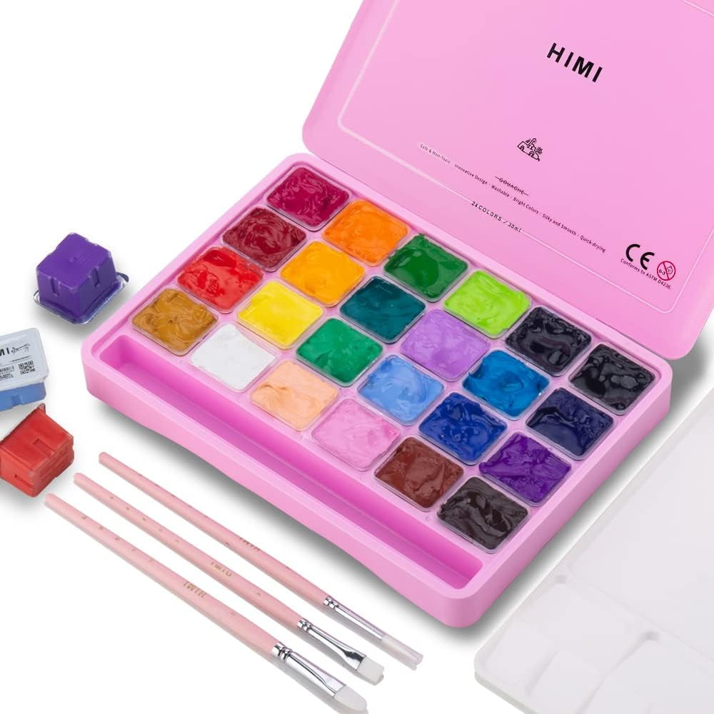 HIMI Gouache Paint Set, Twin Cup 48 Colors x 12ml/0.4oz with 3 Brushes & a  Palette, Non-Toxic, Jelly Guache Paint for Canvas and Watercolor Paper 