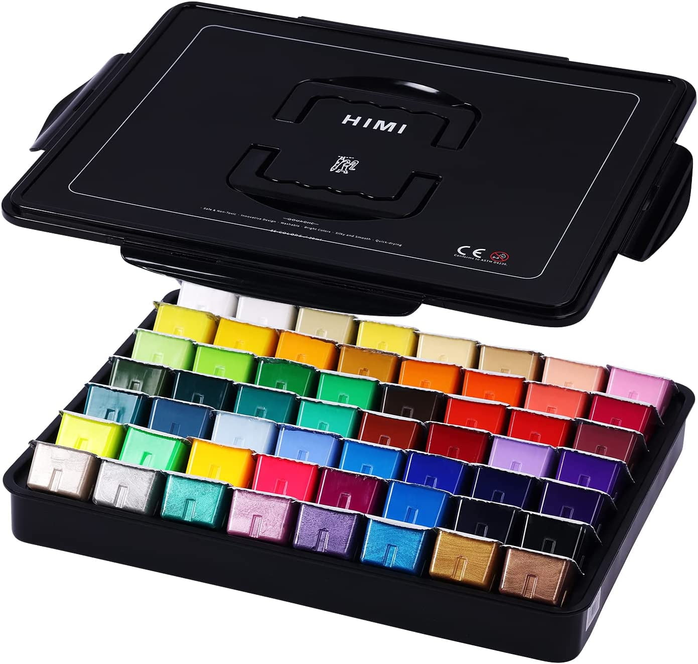 HIMI Gouache Paint Set, 56 Colors x 30ml Include 8 Metallic and 6