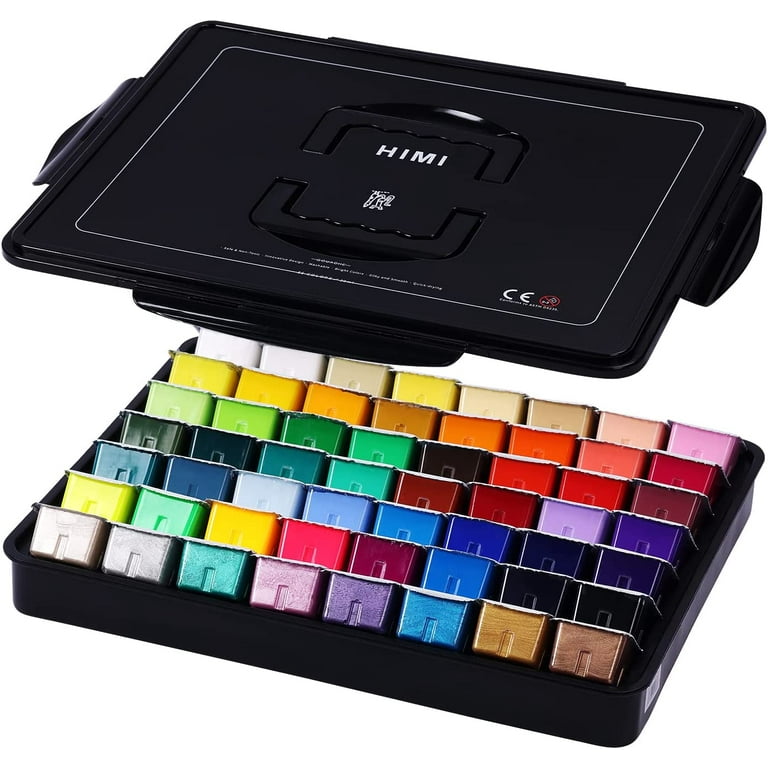 HIMI Gouache Paint Set, 56 Colors x 30ml Include 8 Metallic and 6 Neon  Colors, Unique Jelly Cup Design in a Carrying Case Perfect for Artists