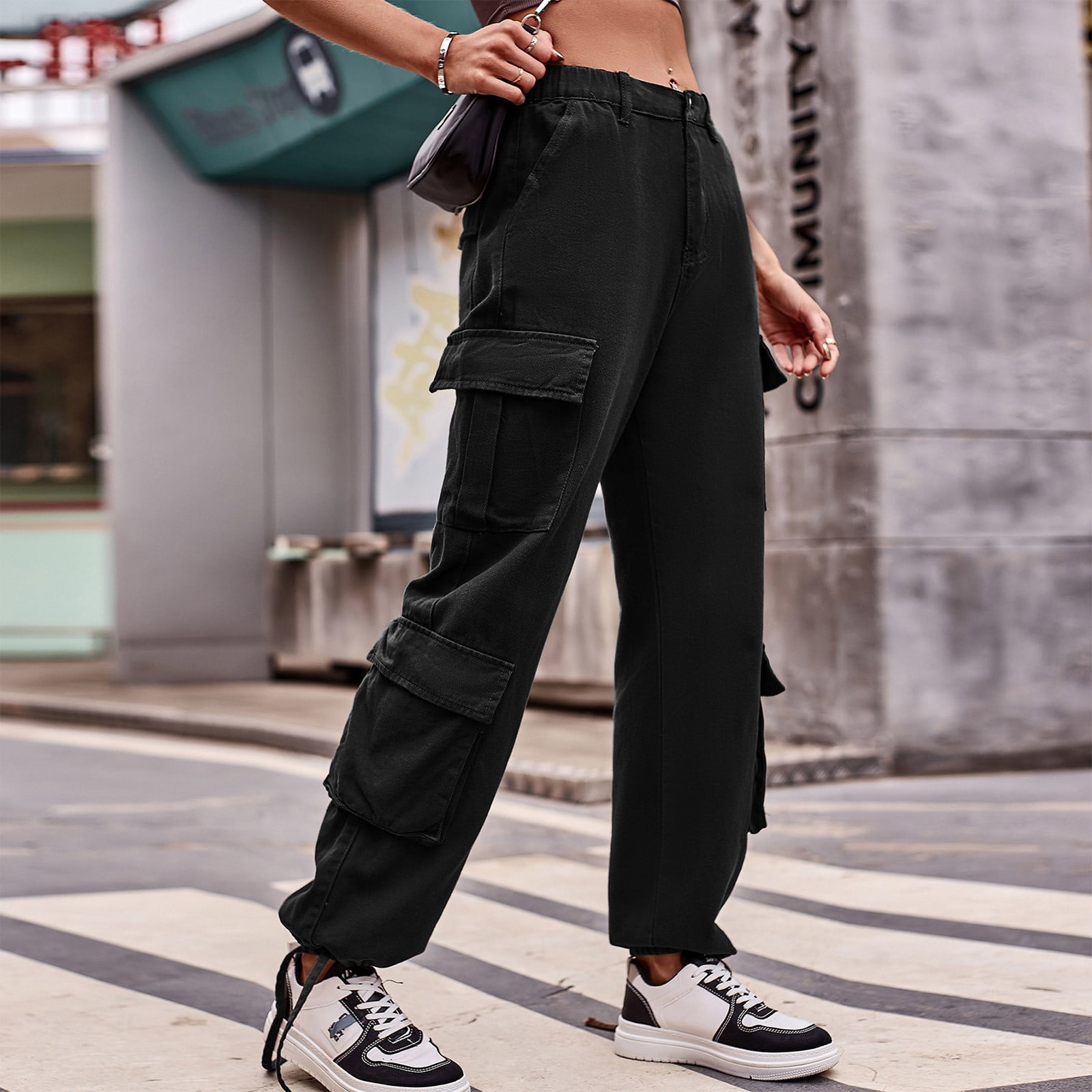 HIMIWAY Cargo Pants Women Palazzo Pants for Women Women's Fashion Casual  Solid Color Drawstring Jeans Overalls Sports Pants Black E S 