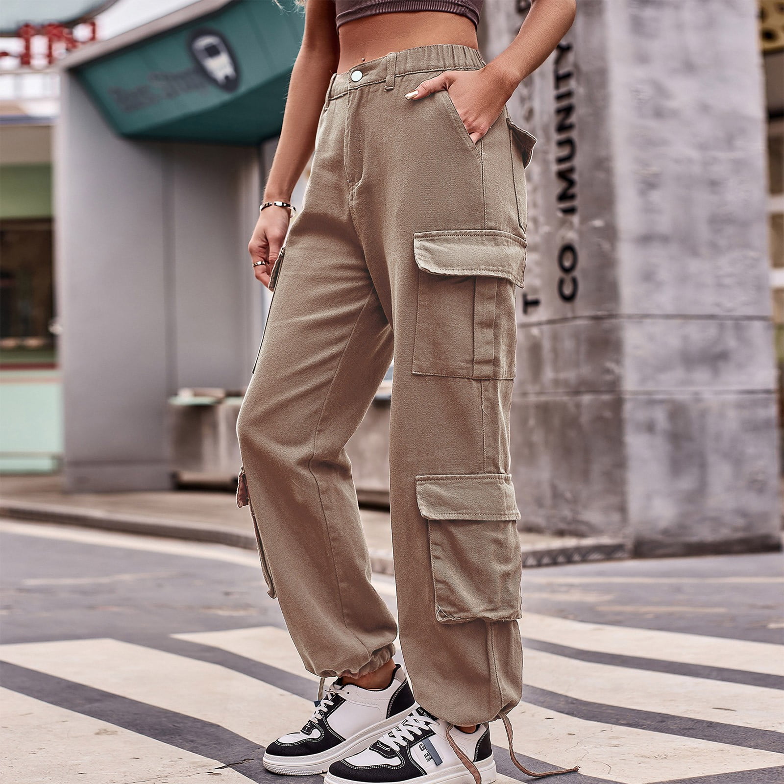 HIMIWAY Cargo Pants Women Palazzo Pants for Women Women's Fashion Casual  Solid Color Drawstring Jeans Overalls Sports Pants Khaki C M 