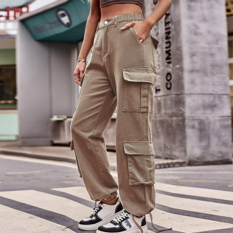 HIMIWAY Cargo Pants Women Palazzo Pants for Women Women's Fashion Casual  Solid Color Drawstring Jeans Overalls Sports Pants Khaki C XXL 