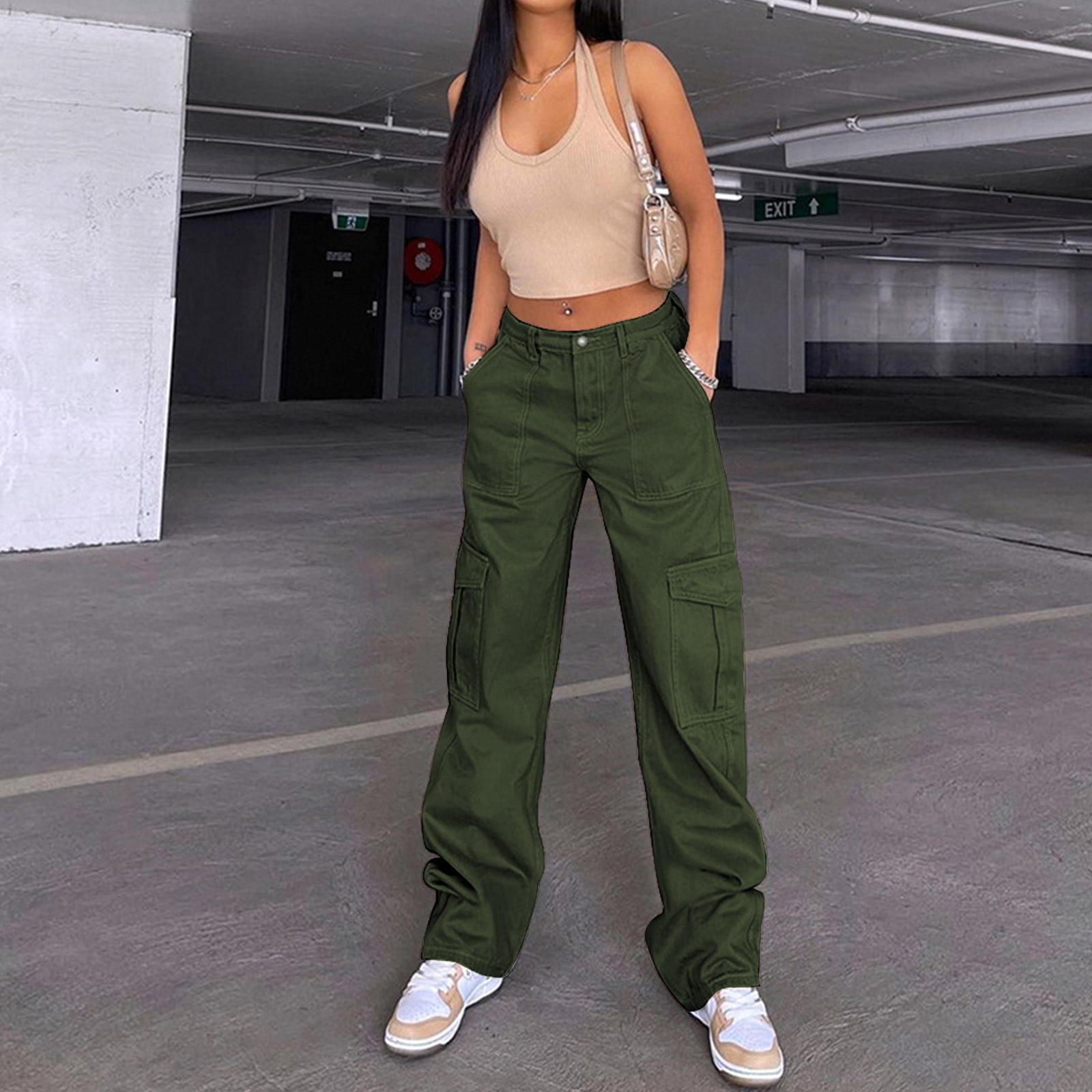 HIMIWAY Cargo Pants Women Palazzo Pants for Women Women's Fashion Casual  Solid Color Washed Denim Multi-Pocket Overalls Pants Army Green C XL 