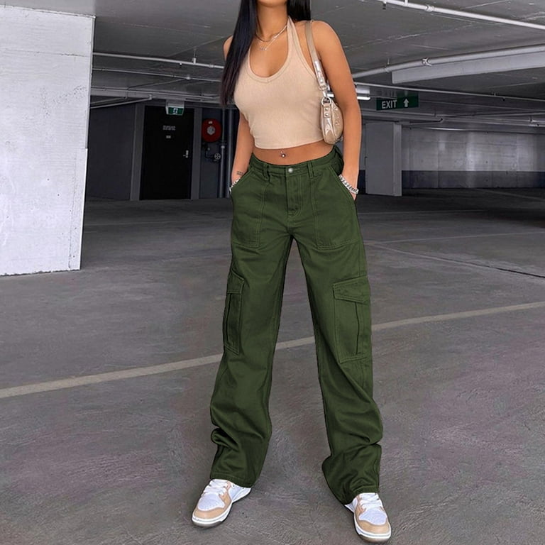 HIMIWAY Cargo Pants Women Palazzo Pants for Women Women's Fashion Casual  Solid Color Washed Denim Multi-Pocket Overalls Pants Army Green C L 
