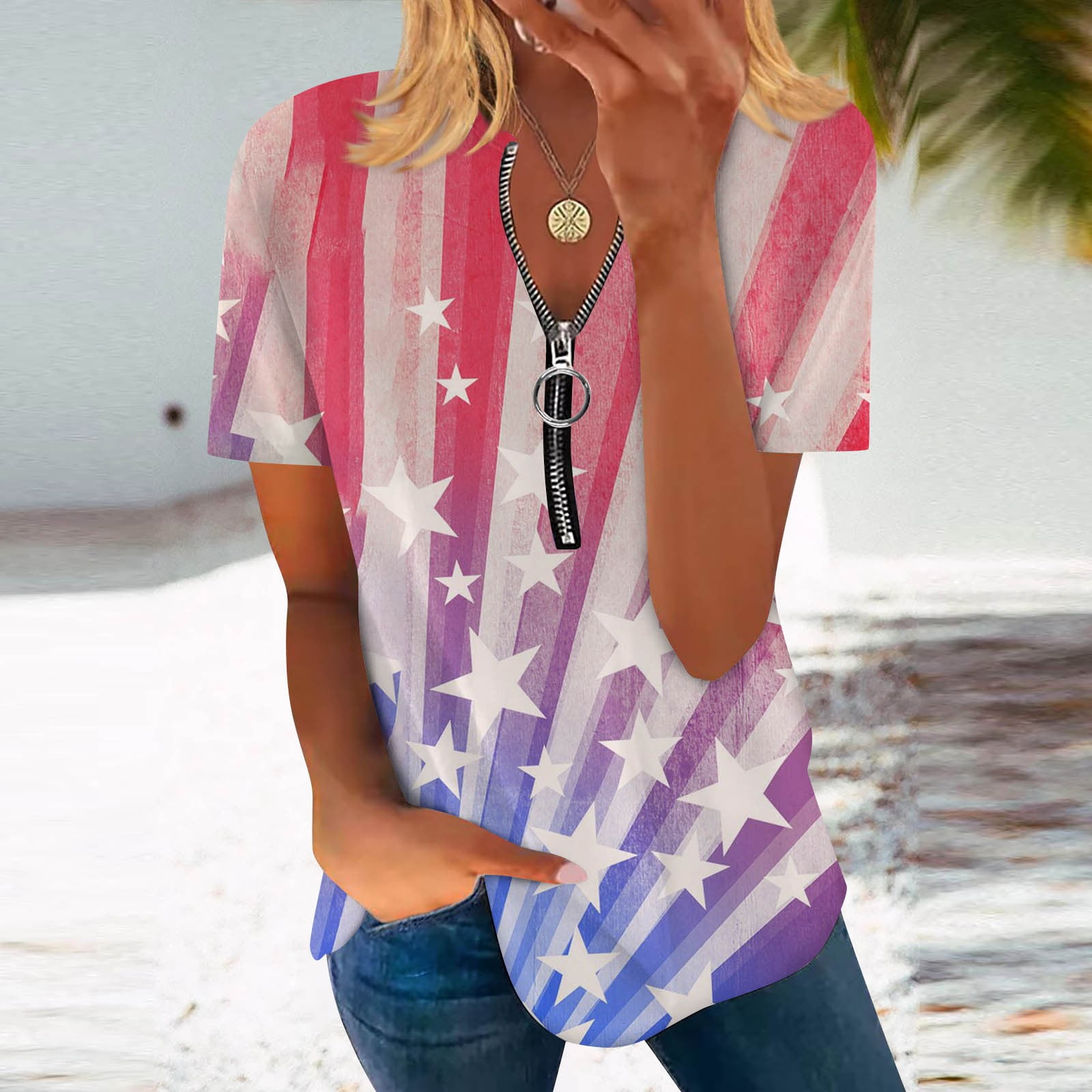 HIMIWAY Fourth of July Clothes Womens Tops Ladies Short Sleeve Zipper ...