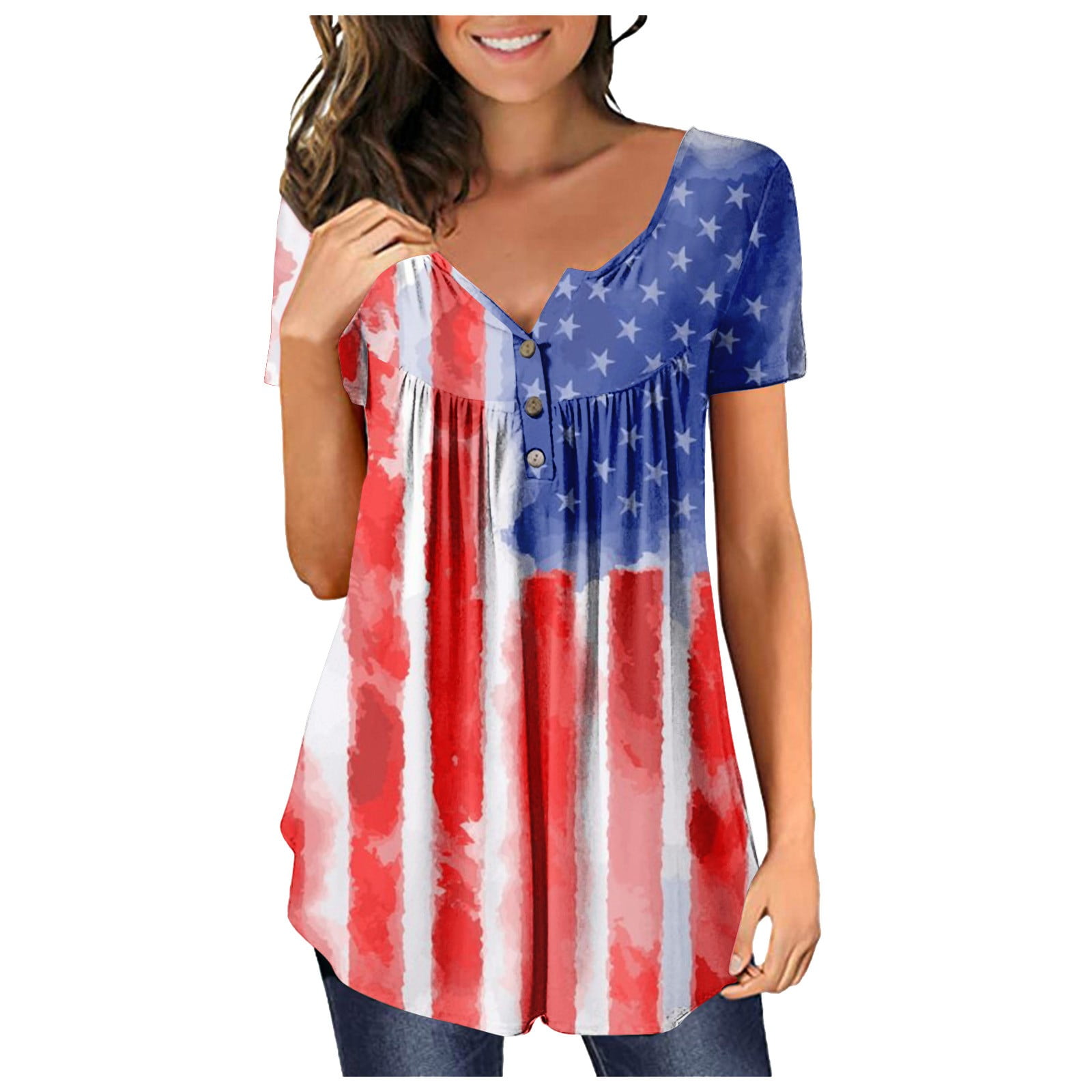 HIMIWAY Fourth of July Clothes Womens Tops Women's Summer V-neck Short ...