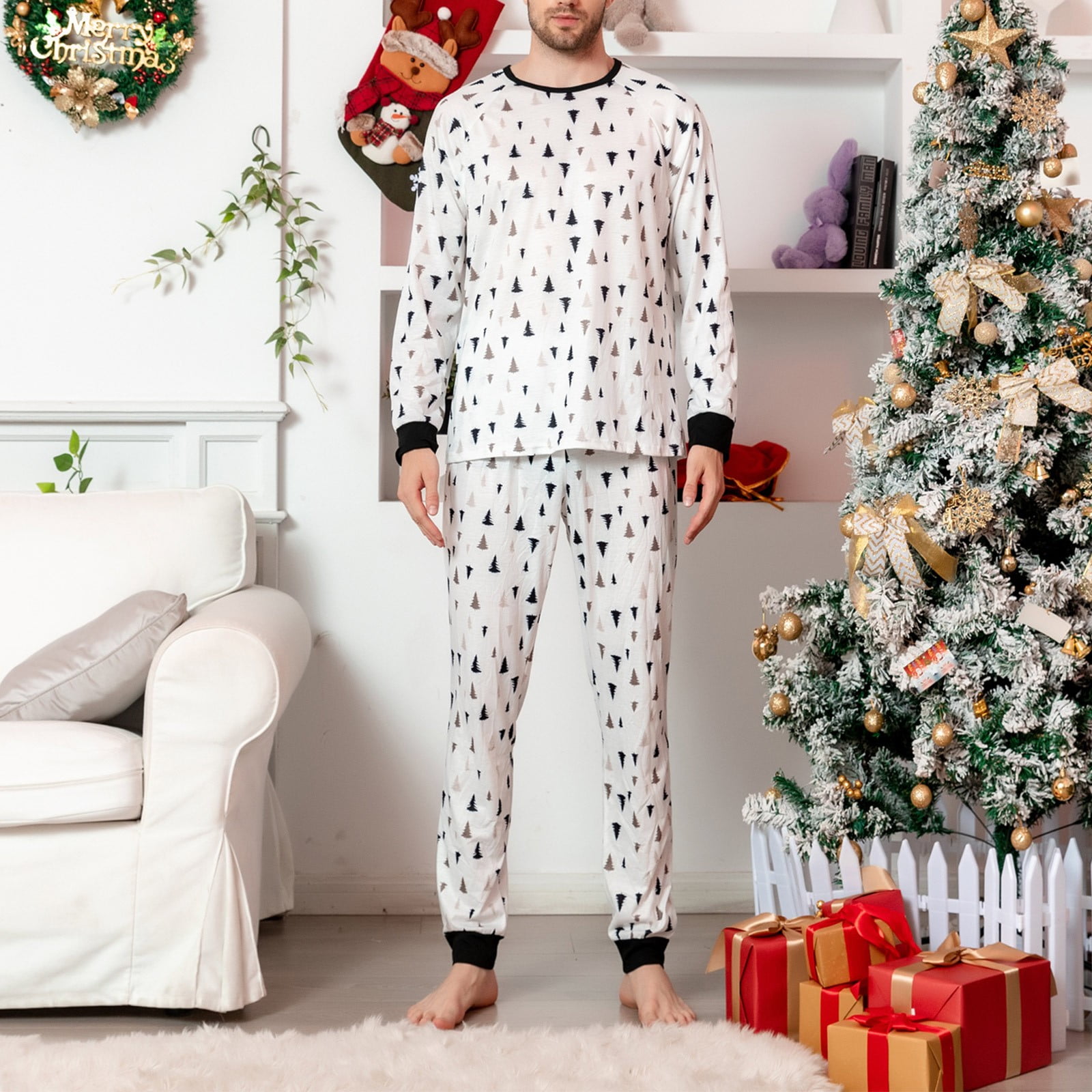 HIMIWAY Luxurious Matching Pajamas Chic Sleep Sets Christmas Parent child Family Set Home Printed CHRISTMAS PAJAMAS Two piece Set Men L