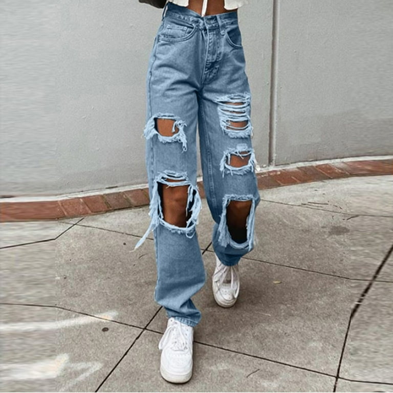 HIMIWAY Pants for Women Palazzo Pants for Women Women's Fashion High Waist  with Pockets Thin Wide Leg Casual Jeans Blue L 