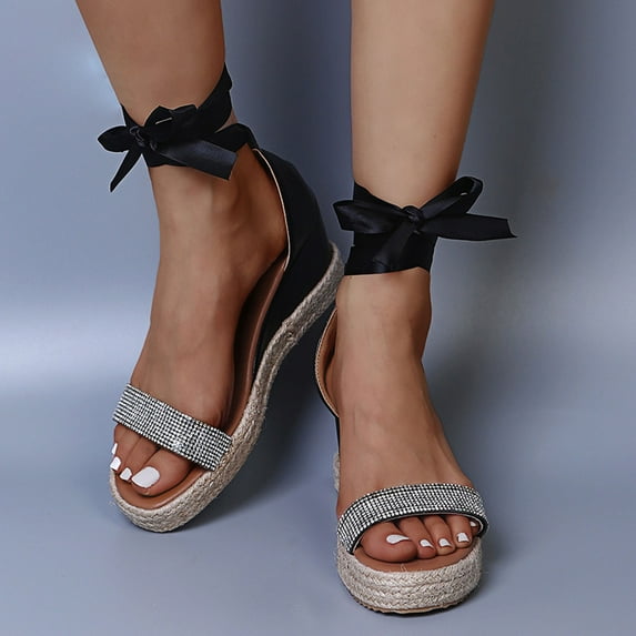 HIMIWAY Sandals Women Women's Sandals Diamond-studded Wedge Sandals Somen's Sandals Casual Thick Heel Sandals Black 42