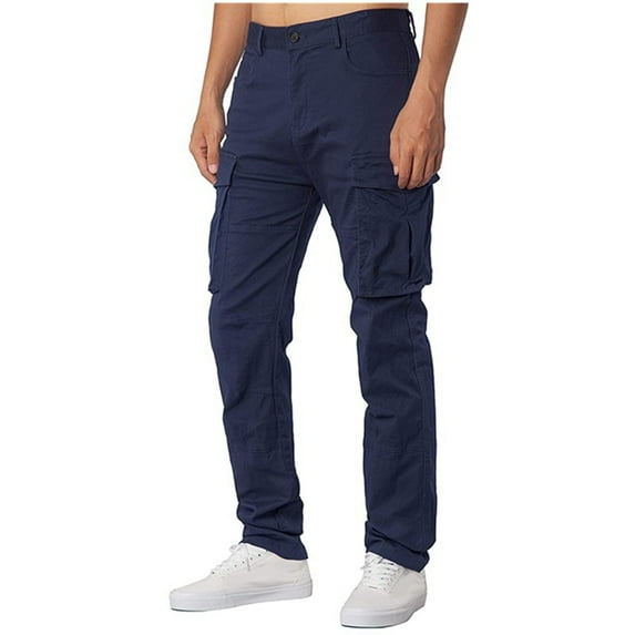 HIMIWAY Summer Clearance Men's Pants Back-to-school Trendy Men's solid color loose fitting three-dimensional pockets with multiple pockets and straight pants Navy M