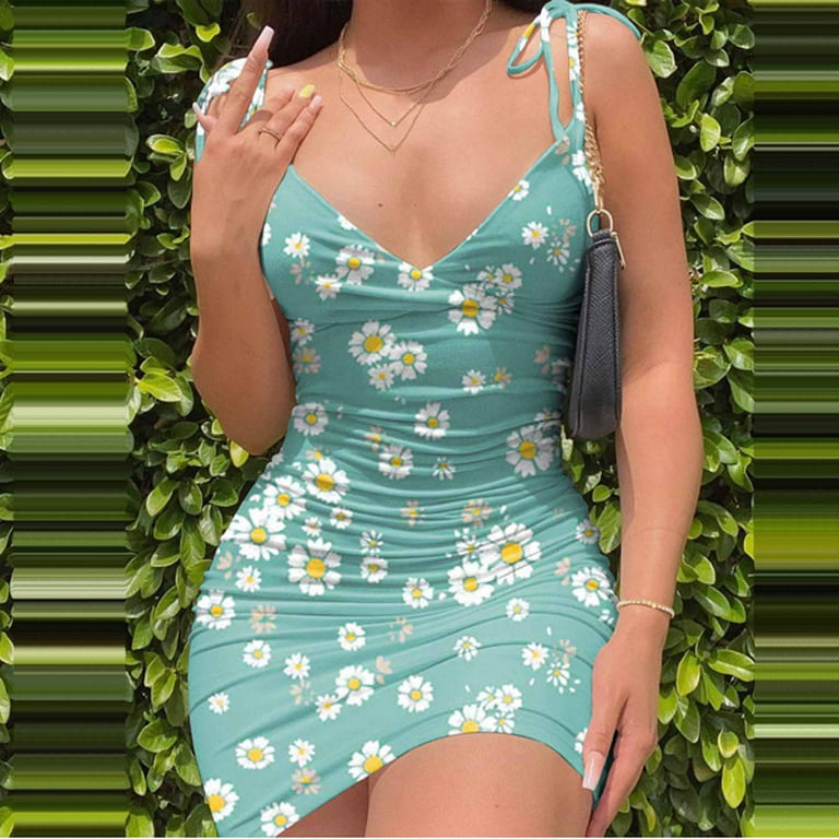 HIMIWAY Summer Dresses for Women 2023 Women's Fashion Casual Printing  Suspender Bra Sleeveless Sexy Slim Dress Sundresses for Women Mint Green M  