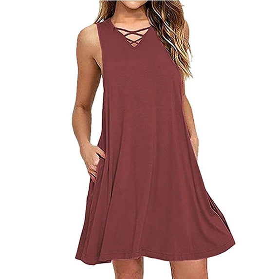 HIMIWAY Summer Dresses for Women 2023 Women's Fashion Summer Mini Sleeveless V-neck Cross Hollowed Out with Belt Dress Pink XL