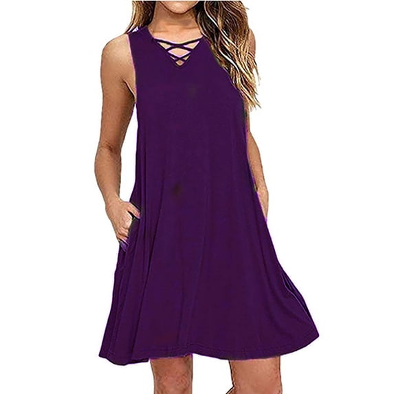 HIMIWAY Summer Dresses for Women 2023 Women's Fashion Summer Mini Sleeveless V-neck Cross Hollowed Out with Belt Dress Purple M