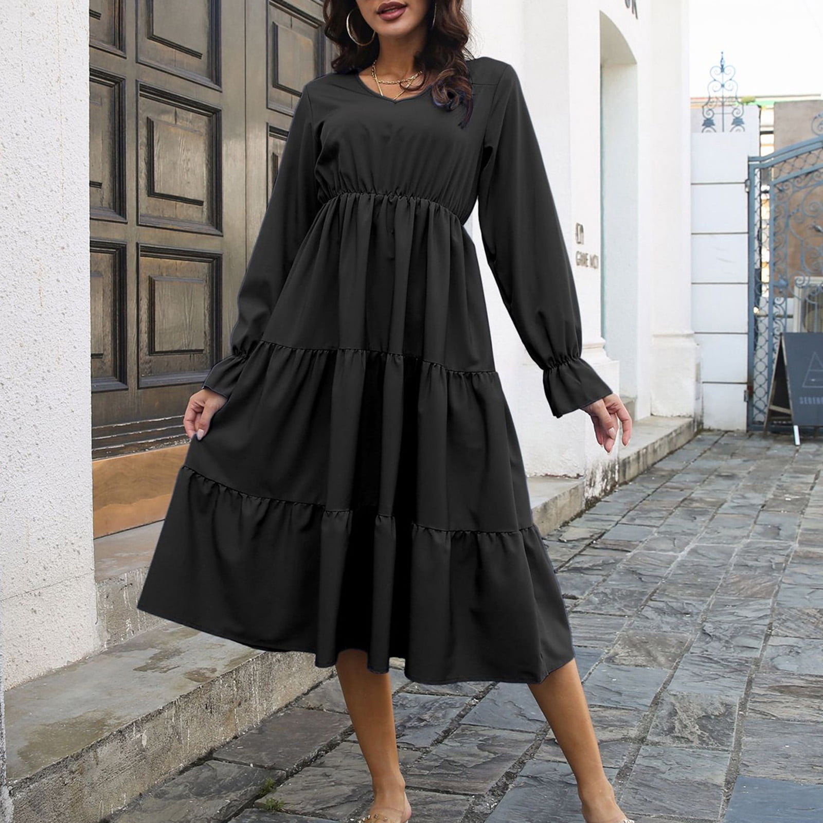 Women's multilayer hem V-neck lace up long sleeved dress