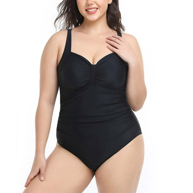 HIMIWAY Women's Plus Size One-Piece Solid Colour Swimming Costume with  Chest Pad and No Steel Bra Hanging Neck Black XL 