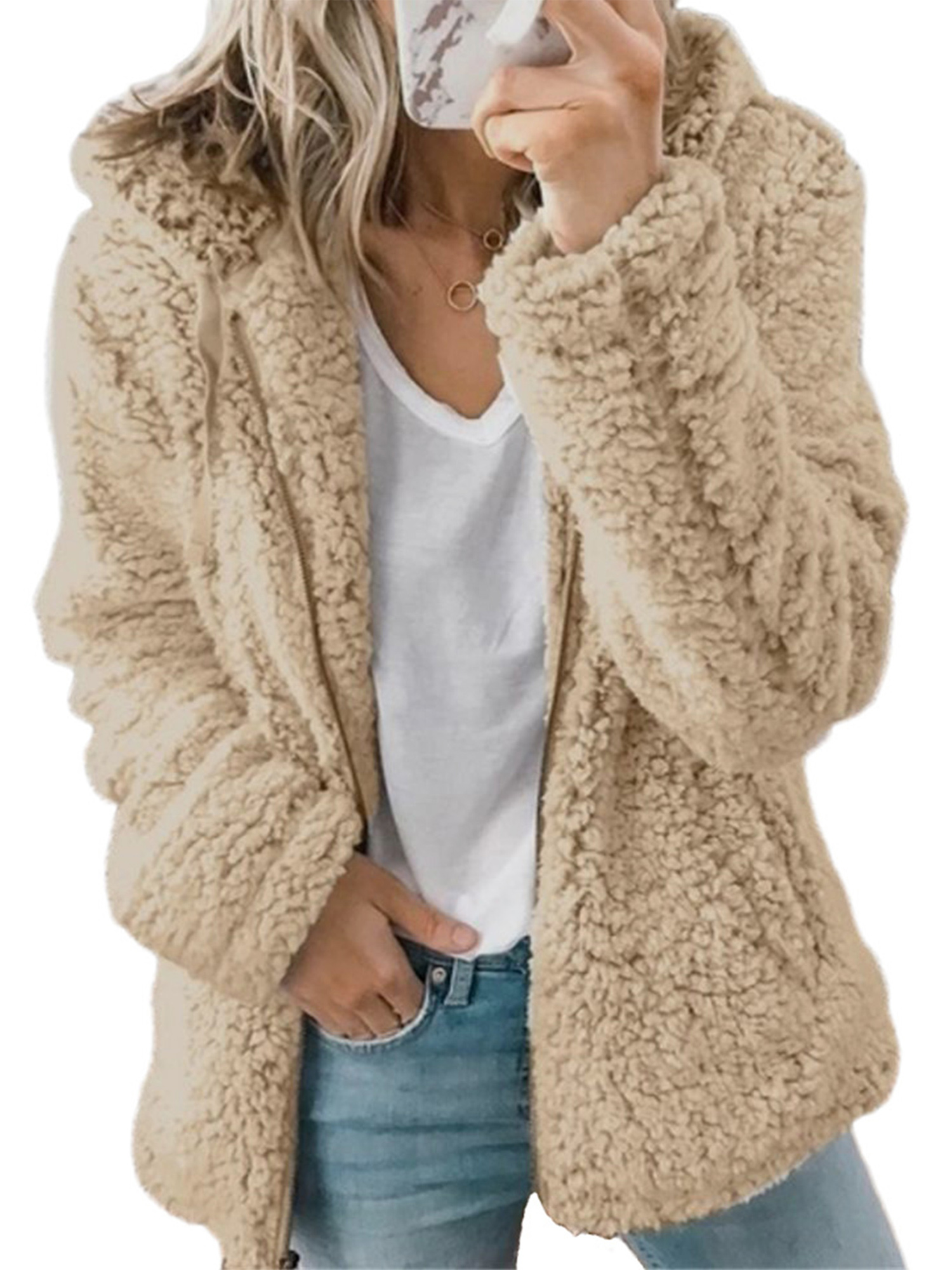HIMONE Long Sleeve Outerwear for Women Casual Fulffy Fleece Jacket Zip Up Plush Faux Fur Coat Cardigans Hoodies - image 1 of 2