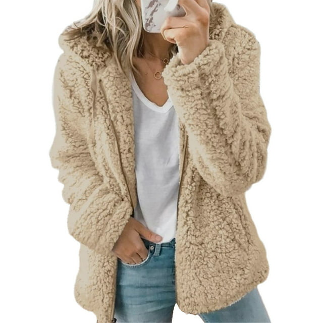 HIMONE Long Sleeve Outerwear for Women Casual Fulffy Fleece Jacket Zip Up Plush Faux Fur Coat Cardigans Hoodies