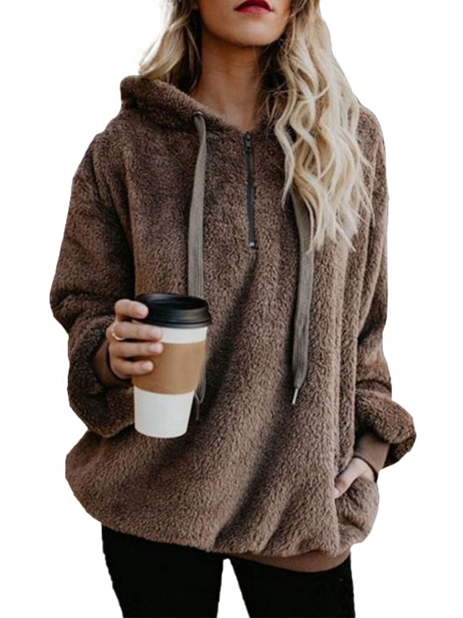 HIMONE Winter Fuzzy Fleece Jumper for Women Plus Size Teddy Bear Hooded  Sweater with Pockets Ladies Drawstring Hoodies Sweatshirt Oversize S-5XL